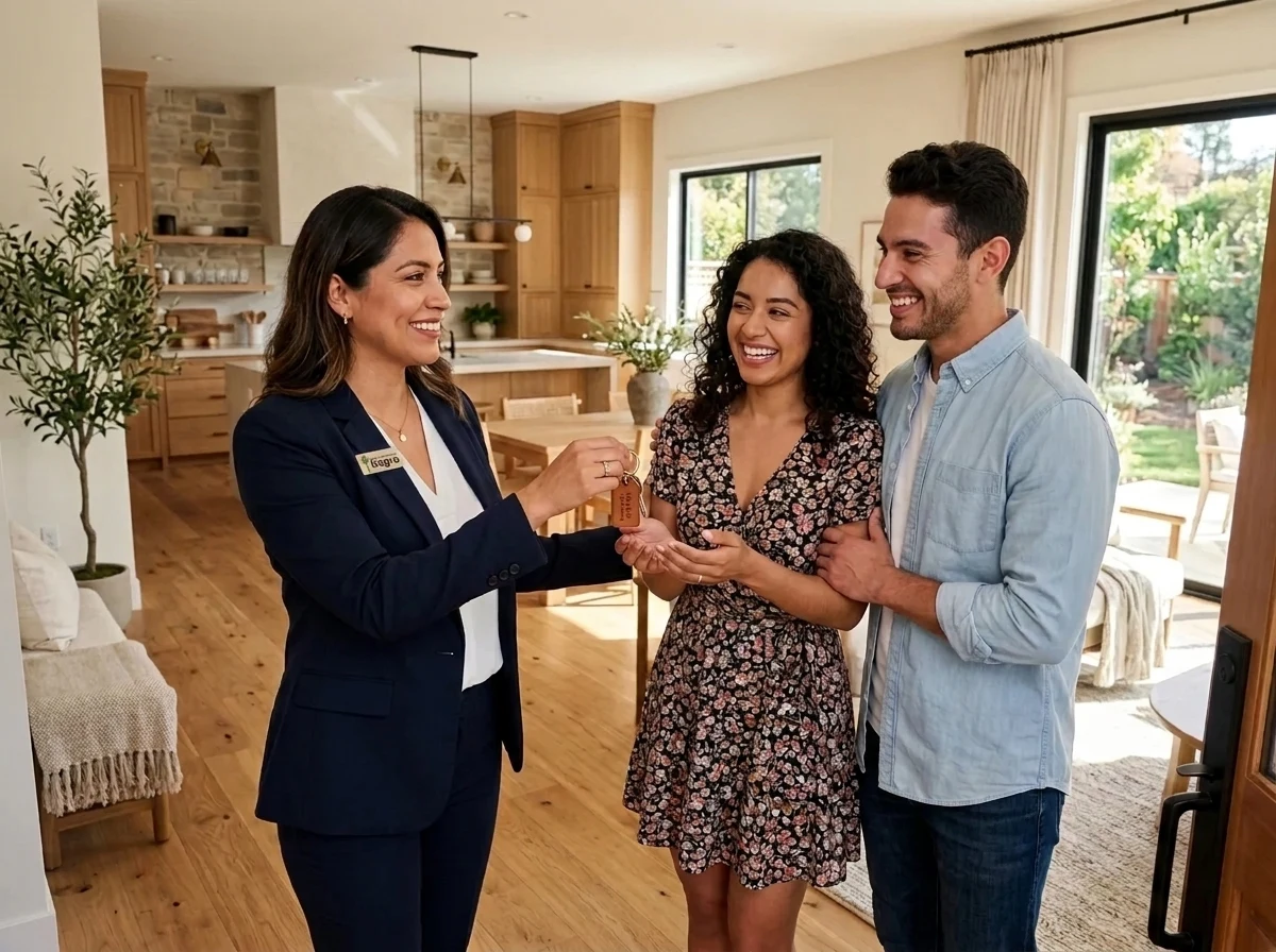 Asesora inmobiliaria Ksgro entregando llaves a clientes felices